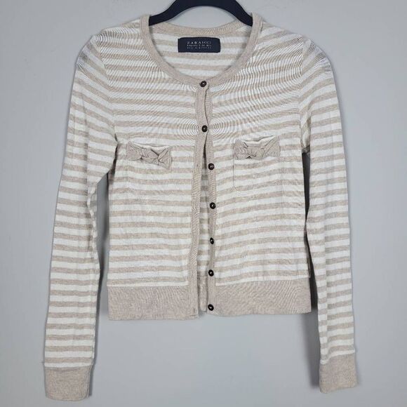 Zara Basics Womens Small Button Front Cardigan Sweater Tan Khaki White Stripe - Picture 1 of 6